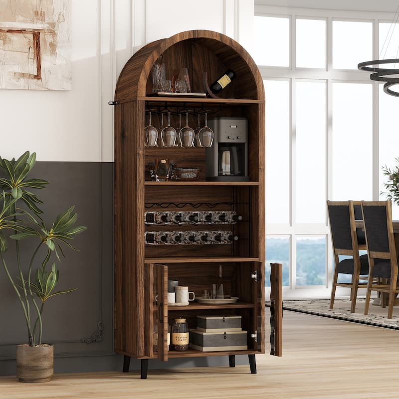 71"Farmhouse Arched Wine Bar Cabinet, Arch Cabinets &Coffee Bar, Whiskey Station With Wine Rack And Wine Glass Holder