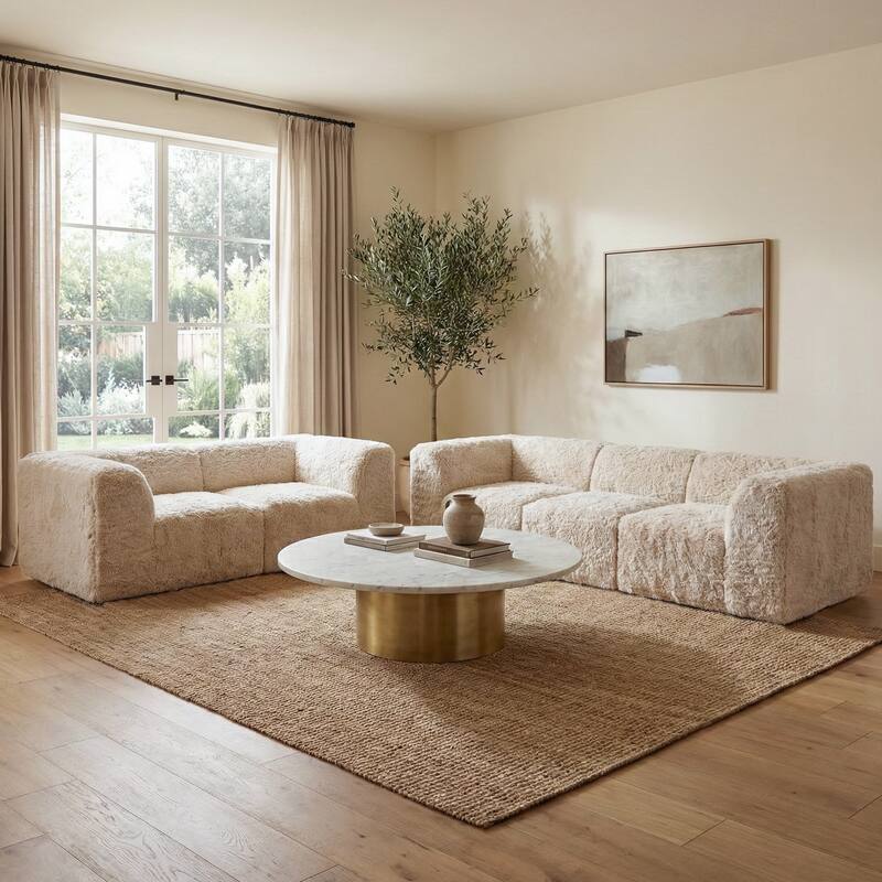 Furniture of America Ylena Modern 5-Piece Faux Fur Foam Modular Compressed Sofa and Loveseat Set - Sand