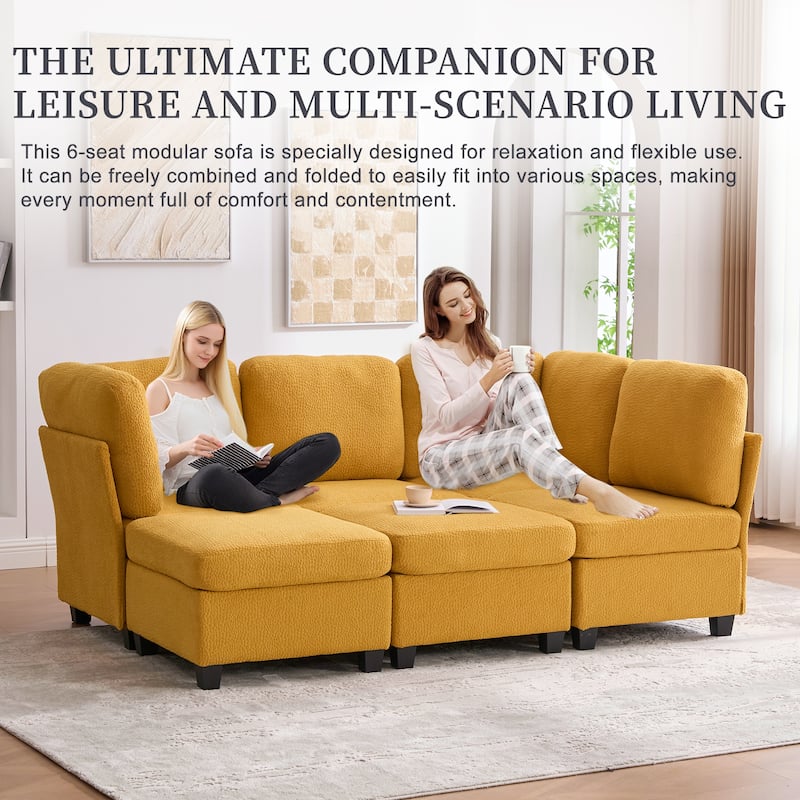 HOMEFUN 6-Seat Polyester Upholstered U-Shaped Modular Storage Sleeper Sectional Sofa with Storage Ottoman