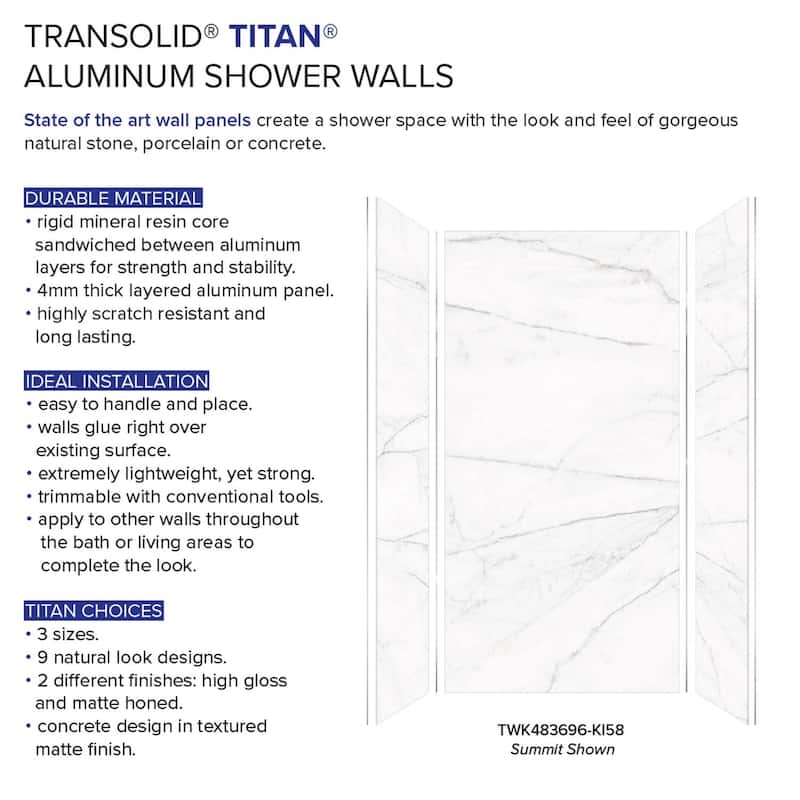 Transolid TWK483696 Titan 48-in x 39-in x 96-in Shower Wall Kit - 48x39x96
