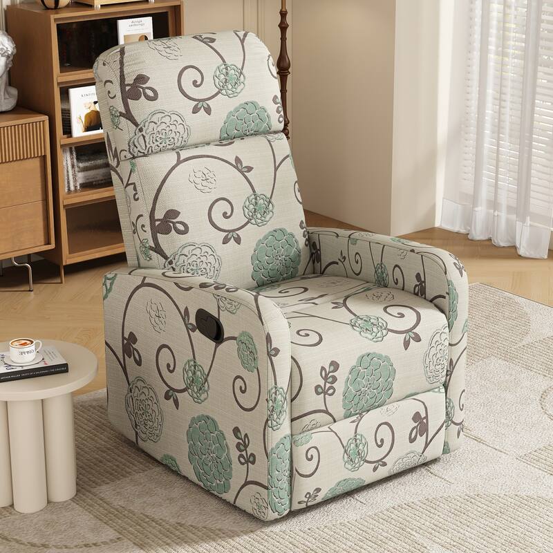 Manual Upholstered Recliner Chair, Modern Recliner Adjustable Single Sofa Chair, High Back Lounge Chairs for Living Room - Beige-Blue