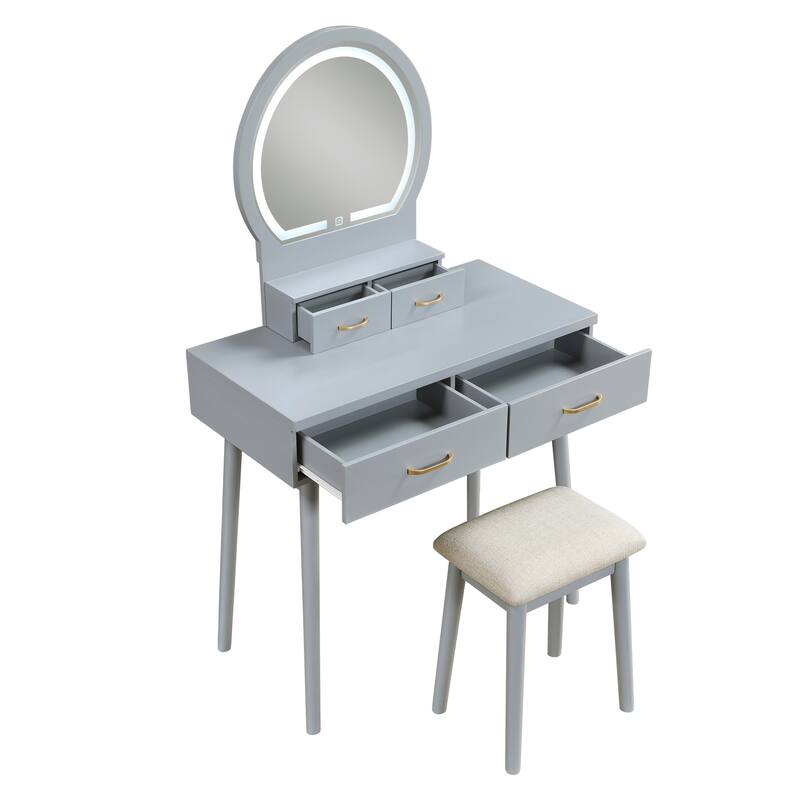 Beautiful Gray Finish Vanity Dresser with Mirror and Stool - Grey