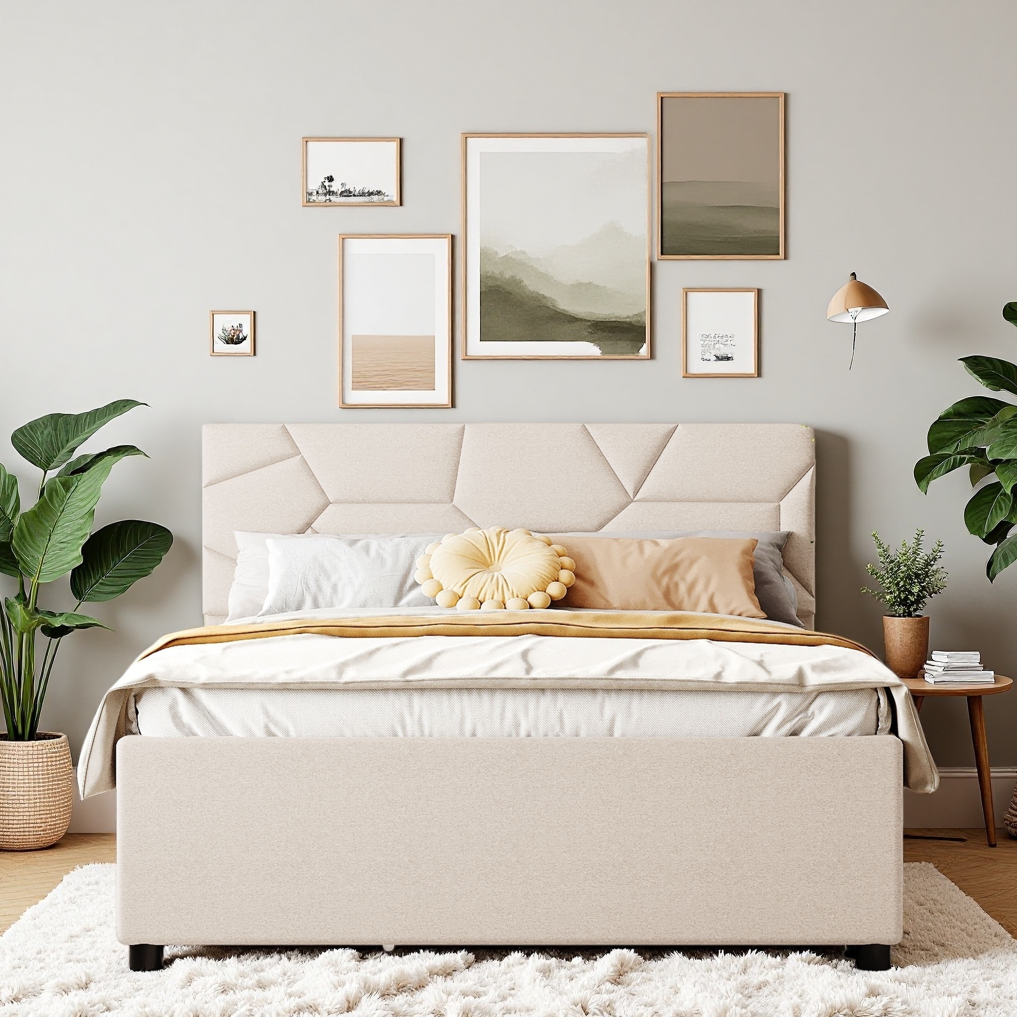 Upholstered Platform Bed with Brick Pattern Headboard, Trundle, and Drawers