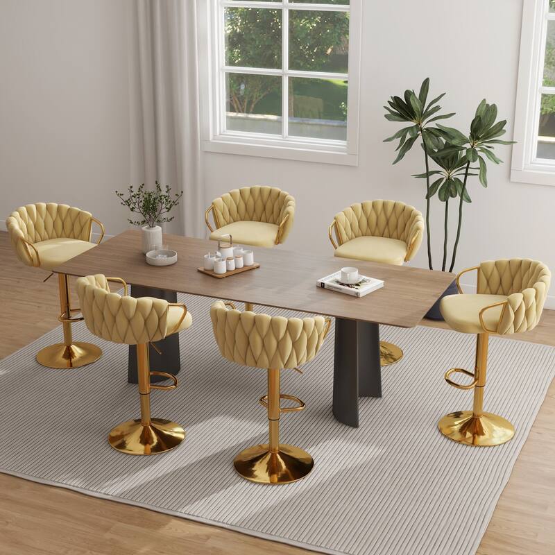 Set of 4 Bar Stool Adjustable Height Swivel Velvet Woven
