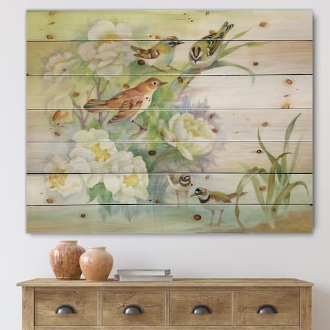 Designart 'Flowers and Birds In Rustic Scenery' Traditional Print on Natural Pine Wood