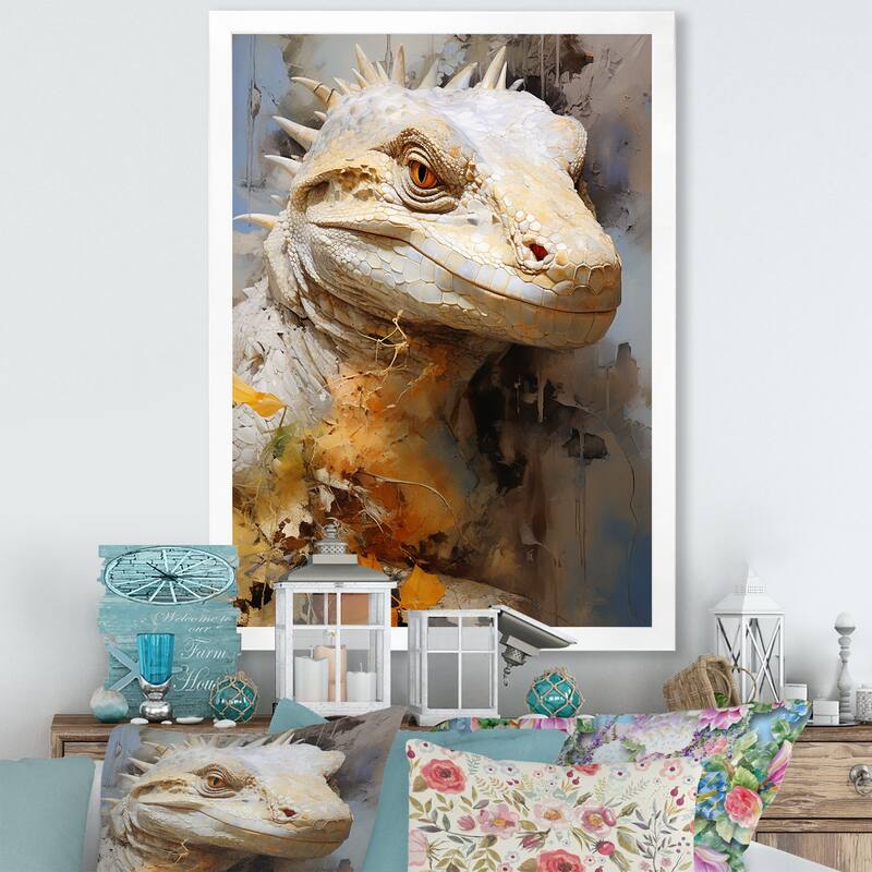 Designart "Curious Reptile Amphibian I" Reptile/Amphibian Framed Canvas Wall Art - 30 in. wide x 40 in. high - White