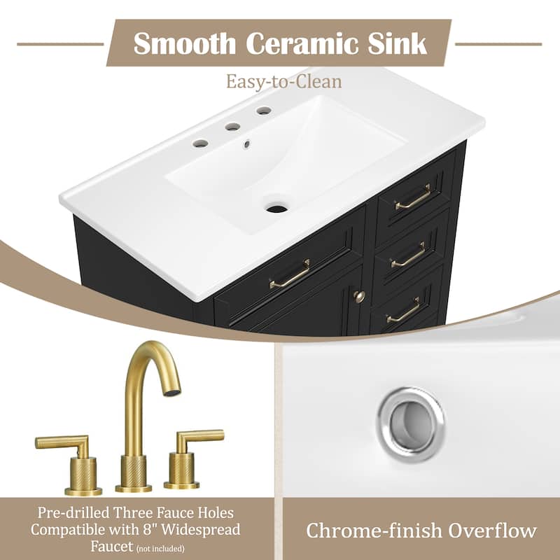 36 Inch Bathroom Vanity with Ceramic Sink, Freestanding Cabinet with 2 Tip-Out Drawers, Soft-Close Hinges & Storage Shelves