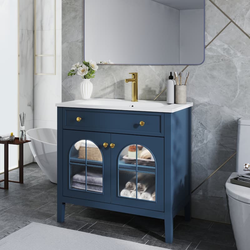 35.6-Inch Mid-Century Bathroom Vanity Sink with Patterned Glass & Motion-Sensor Light, Farmhouse Storage Vanity