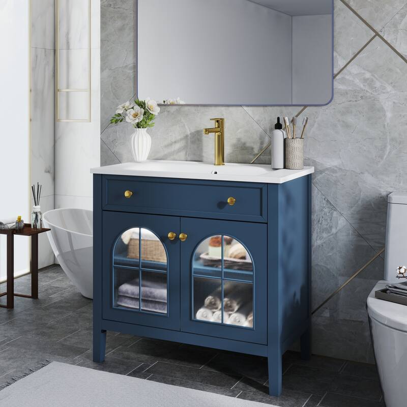 Modern Single Sink Bathroom Vanity Cabinet with Motion-sensor Light Strip & Patterned Glass, Ceramic Integrated Basin