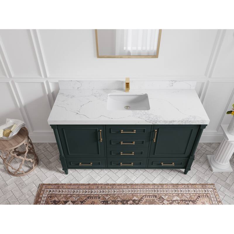 Willow Collections 60 in. W x 22 in. D Aberdeen Single Bowl Sink Bathroom Vanity in Dark Forest Green with Countertop - 2" Calacatta Nuvo - Dark Forest Green