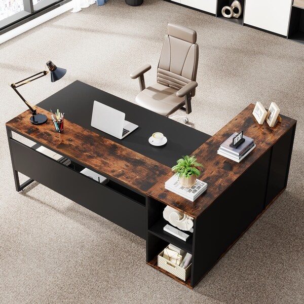 71 inch L Shaped Executive Desk with Cabinet Corner Computer Desk Rustic Brown On Sale Bed Bath Beyond 36898979