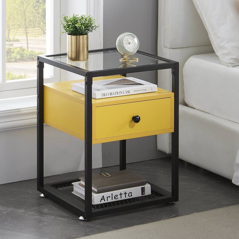 VECELO Modern 1-Drawer Nightstands with Tempered Glass Top