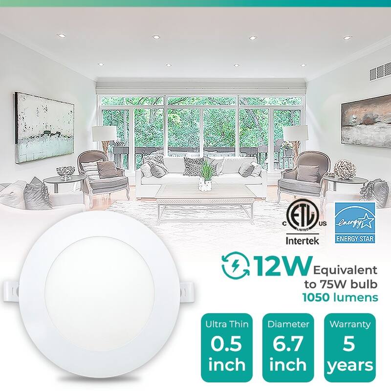 Infibrite 6 Inch 2700K/3000K/3500K/4000K/5000K Selectable 12W 1050LM Ultra-Slim LED Ceiling Light with J-Box, Dimmable(12 Pack)