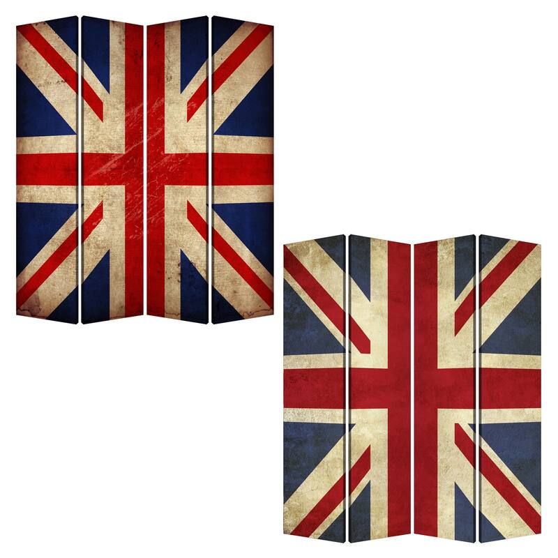 Alfie 71 Inch Folding Screen Room Divider, Union Jack Printing, 4 Panels