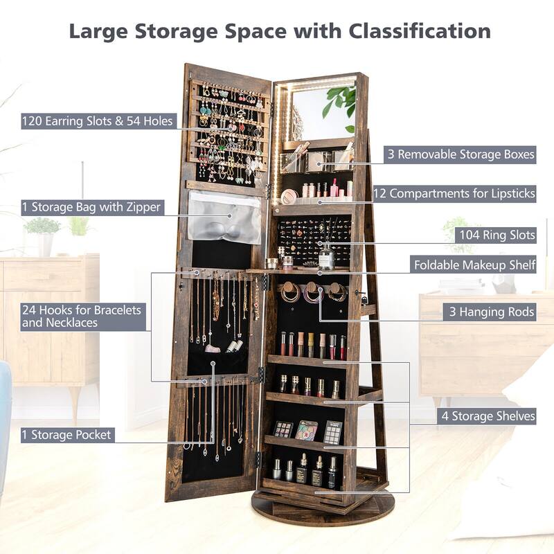 Gymax Rotating Mirrored Jewelry Cabinet with Mirror Storage Shelves