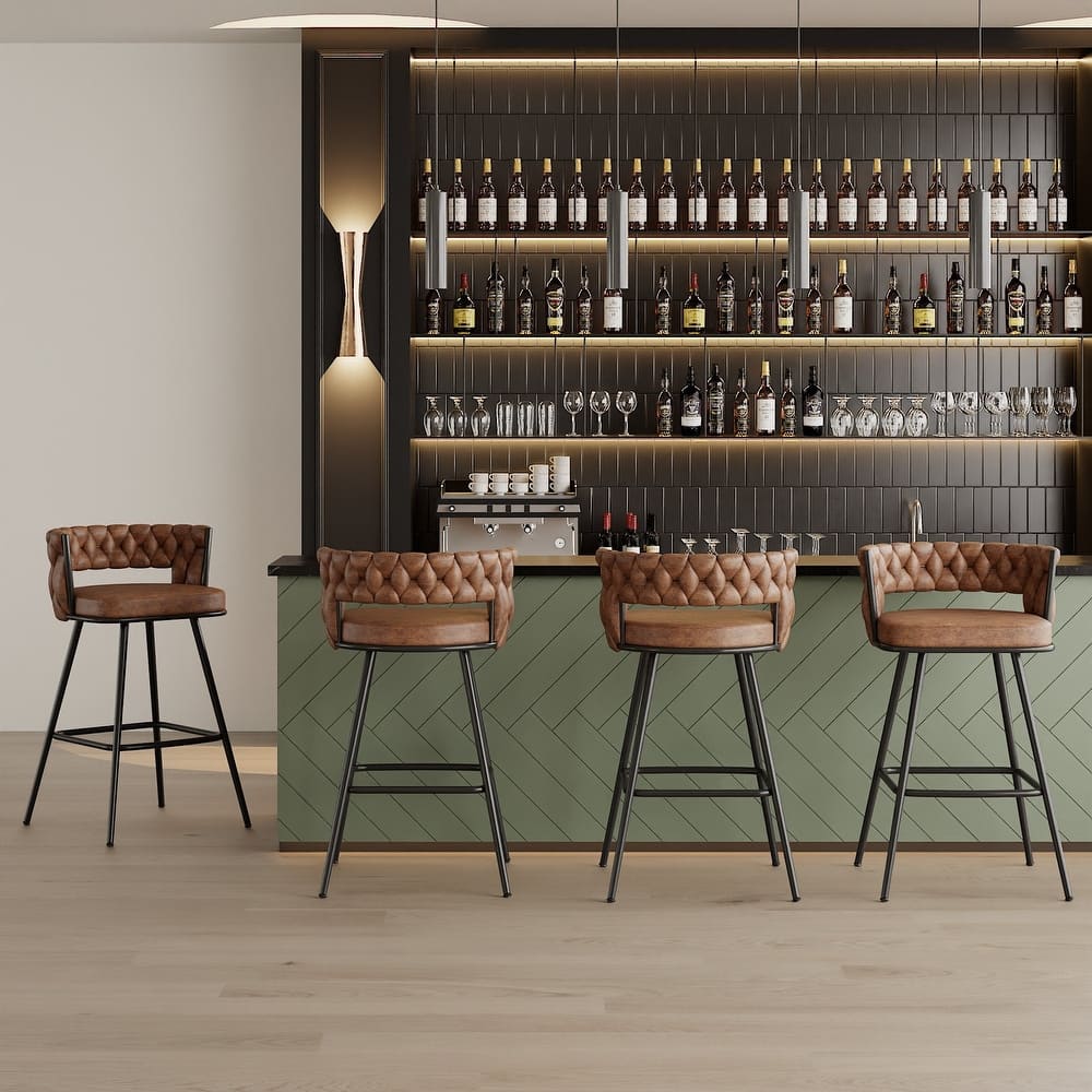 VECELO Counter Height Bar Stools with Woven Backrest 26.77" Seat Height Mid-Century Modern Upholstered Bar Chairs for Kitchen