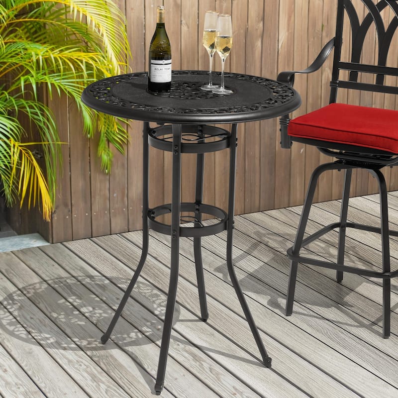 Outdoor 31'' Round Cast Aluminum Patio Bistro Table with Hollow Tabletop and Umbrella Hole, Black - 31'' Round