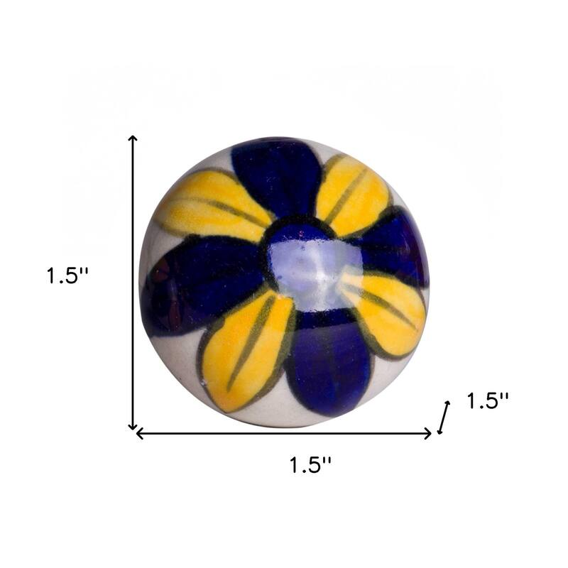 HomeRoots Set of Twelve Blue And Yellow Floral Ceramic Drawer Pull Knobs - 1.5" x 1.5" x 1.5"