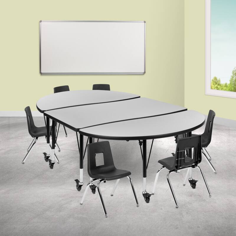 Mobile 76" Oval Wave Flexible Activity Table Set with 12" Student Stack Chairs - Grey