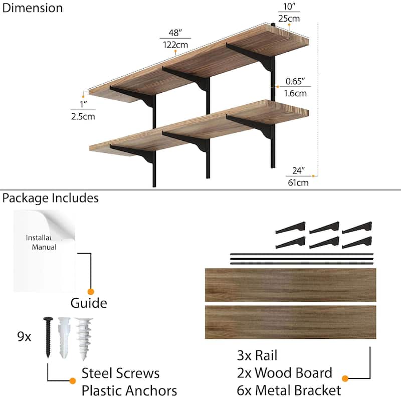 Wallniture Turin 48" Adjustable Shelf, 10" Deep Wood Floating Bookshelf, Wall Shelf Unit for Living Room, Boho, Tier Options