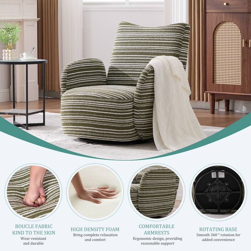 HOMEFUN Boucle Upholstered 360° Swivel Fabric Striped Armrest Leisure Chair for Living room and Bedroom