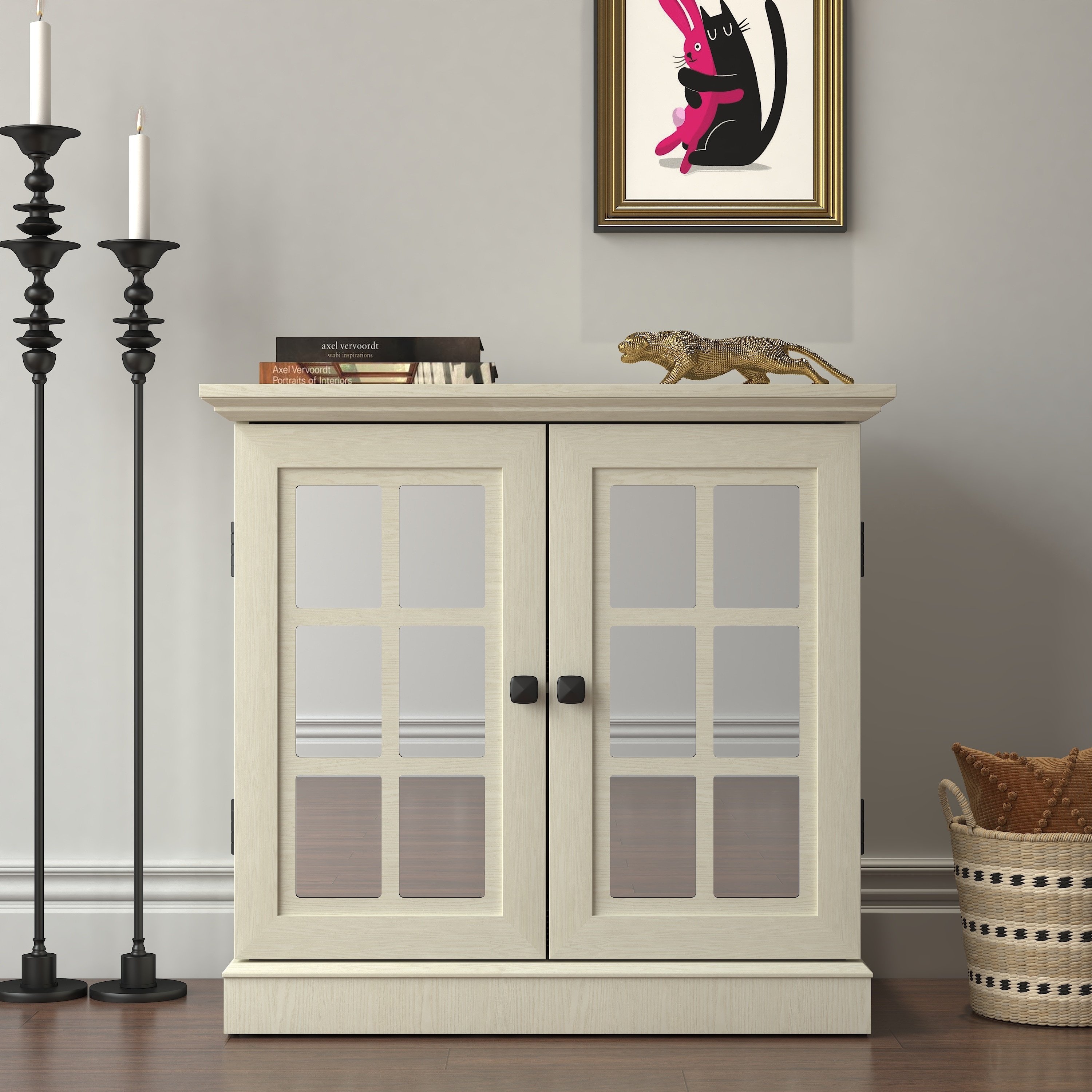 Storage Sideboard Cabinet With 2 Acrylic Mirrored Doors, Adjustable Shelf, Mdf With Black 3d Wood Grain Foil Paper Finish