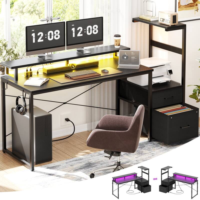 60'' Reversible Gaming Desk with Monitor Stand & Fabric Drawers，Home Office Computer Desk with RGB LED Strip & Power Outlets