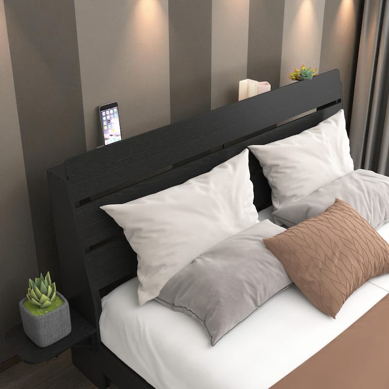 Queen Floating Bed Frame with LED Lights and Charging Station, Storage Headboard, No Box Spring Needed