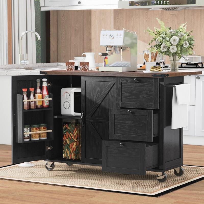 Kitchen Storage Island with Internal Storage Rack, Drop Leaf, Spice Rack, Rolling Kitchen Cart on Wheels