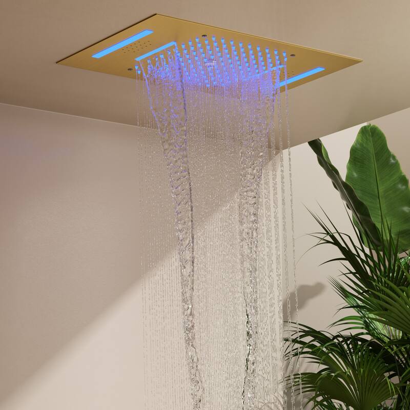 GRANDJOY Dual Shower Heads System with 3 Spray Modes 22"*15" Ceiling and 6" Wall Mount Body Jets Handheld Spray LED Music