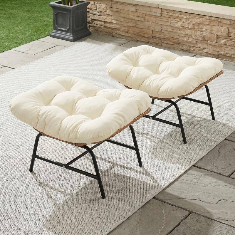 2-Piece Outdoor Wicker Ottomans with Cushions, Weather-Resistant Boho Patio Rattan Footrests for Garden, Porch, and Balcony - Beige