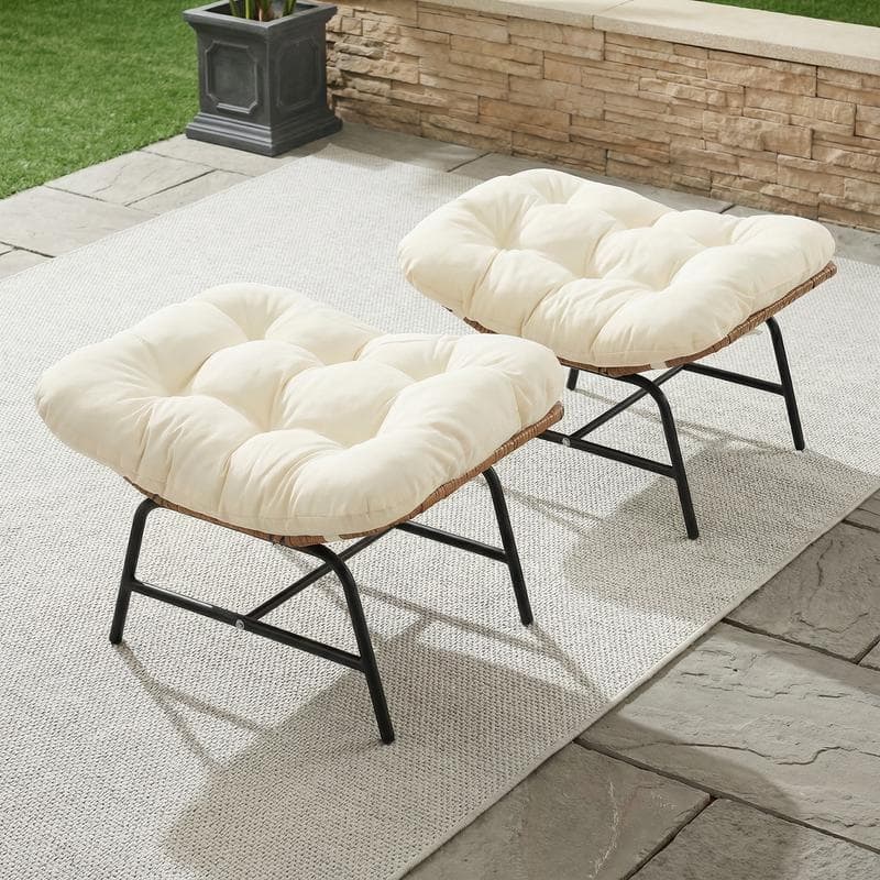 2-Piece Outdoor Wicker Ottomans with Cushions, Weather-Resistant Boho Patio Rattan Footrests for Garden, Porch, and Balcony