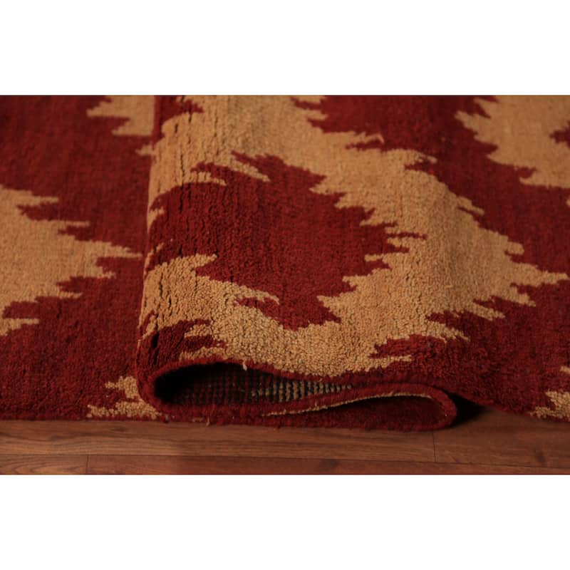 Hand Knotted Oriental 100% Wool Carpet Modern Geometric Red Moroccan Area Rug - 9' 7'' X 7' 11''