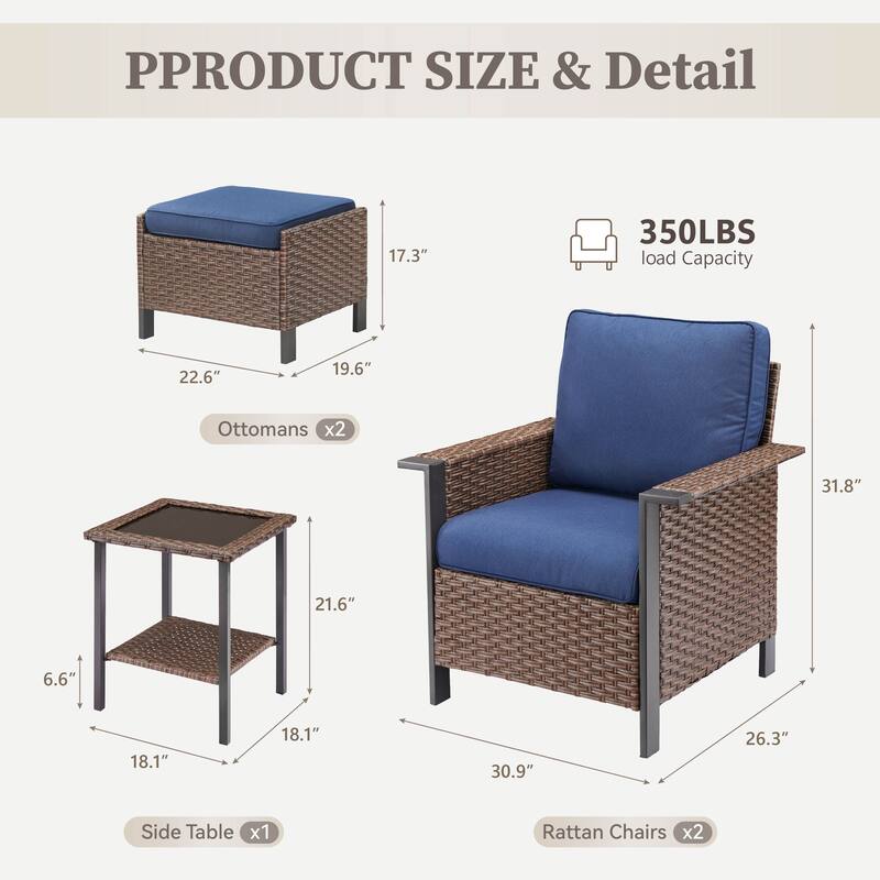 Pocassy Outdoor Wicker Sofa Glider Chair with Ottoman Set - Brown Wicker Blue Cushion - 5-Piece Patio Chair Table with Ottoman