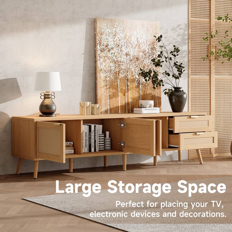 PE Rattan Doors TV Cabinet TV Stand for TVs up to 80", Media Storage Cabinet TV Console with 2 Drawers & Solid Wood Legs
