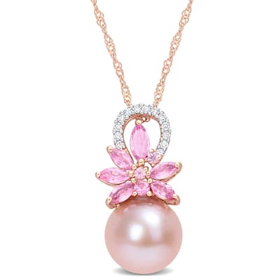 Miadora 9.5-10mm Cultured Freshwater Pearl and 1/2 ct TGW Pink Sapphire and Diamond Accent Flower 14k Rose Gold