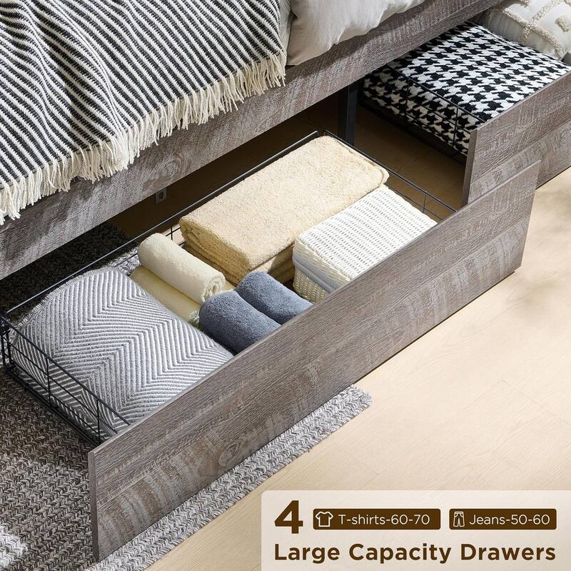 Modern Queen Size Wood Bed Frame with Charging Station and LED Lights