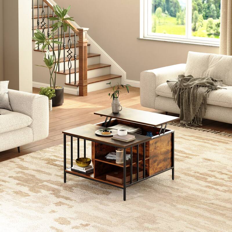 Anmytek Farmhouse Lift Top Adjustable Height Coffee Table with Storage Hidden Compartment 3 Shelves 110lbs Capacity