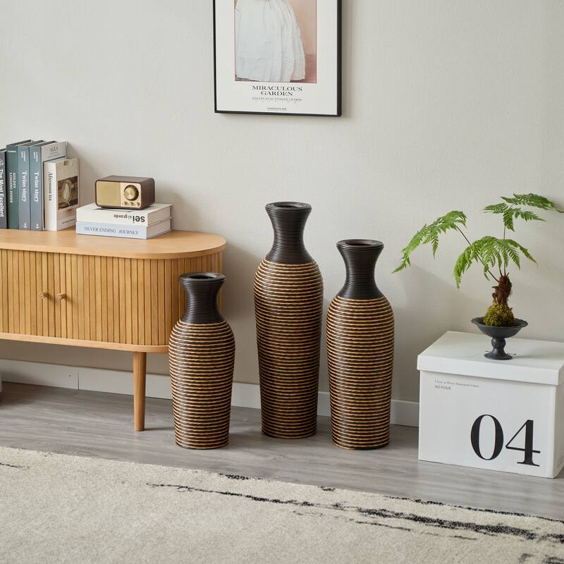 3-piece set of beige+black decorative floor vases, classic and neat floor vases with high independent flower racks