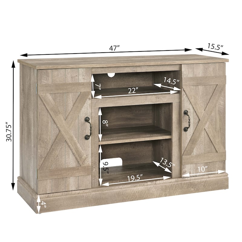47" Farmhouse TV Console with Adjustable Shelves and Glass Cabinet Doors, Media Cabinet for TVs up to 50"