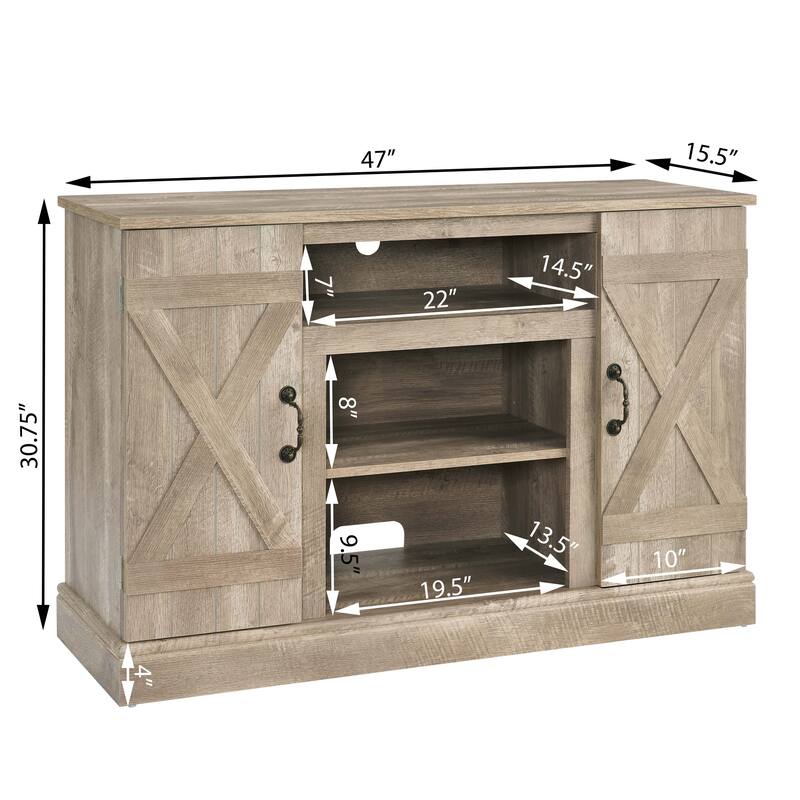 Wooden TV Stand with Barn Doors, Media Entertainment Center, Console Table with 2 Cable Management Holes & Adjustable Shelves