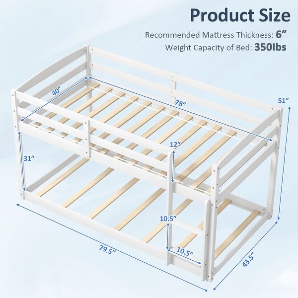 dimension image slide 1 of 4, Costway Twin over Twin Low Bunk Bed with Guardrails Integrated Ladder
