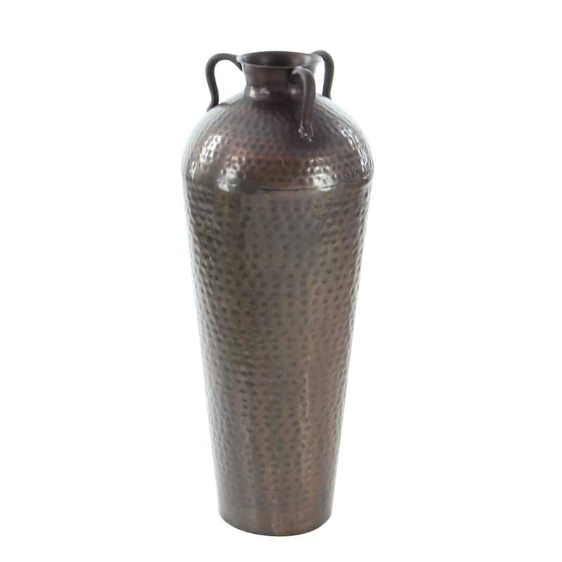 Metal Tall Floor Mediterranean Style Vase with Hammered Details and Handles - Brown - Roche River Decor