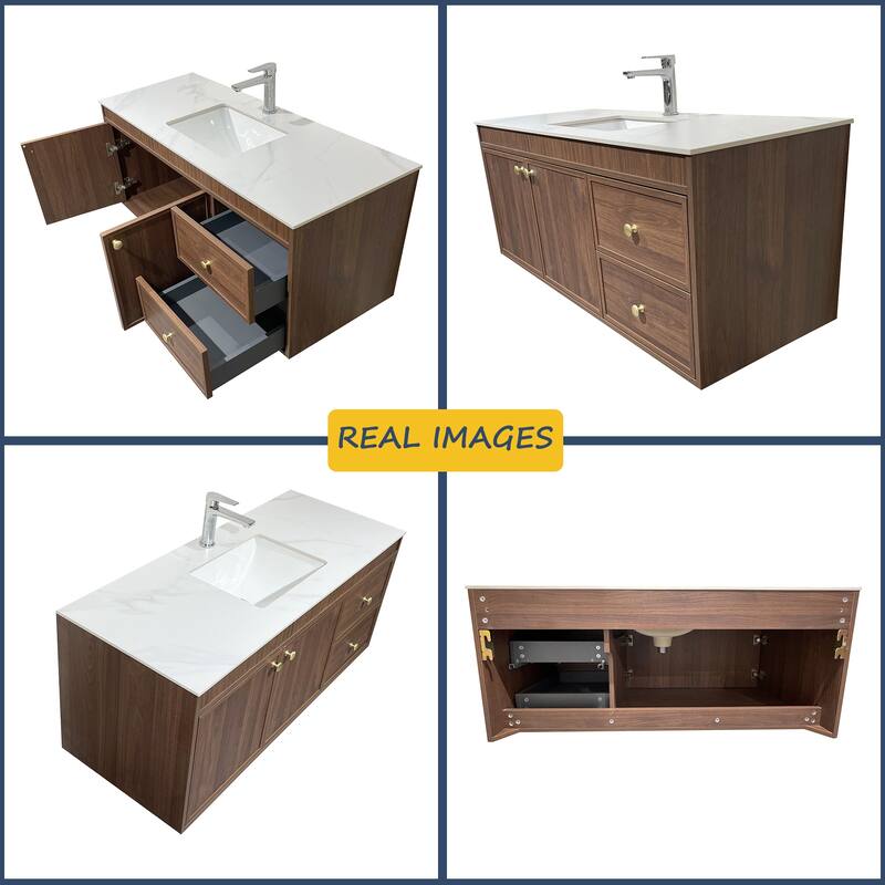 48" Mid-Century Modern Floating Bathroom Vanities, Sintered Stone Table top with Solid Wood Cabinets