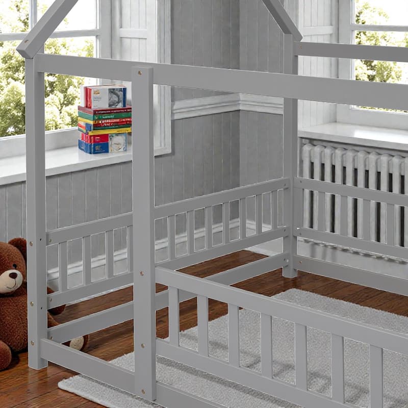Full Size House Floor Bed with Wooden Roof Frame and Fence Guardrails, Solid Wood Kids Floor Bed