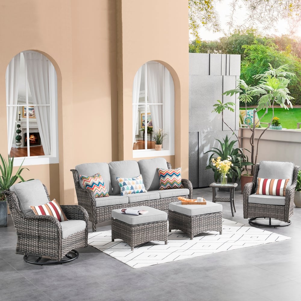 OVIOS 6-piece Patio Wicker Conversation Set with Swivel Chairs