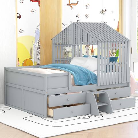 Full Size Loft Bed with Four Drawers,Gray