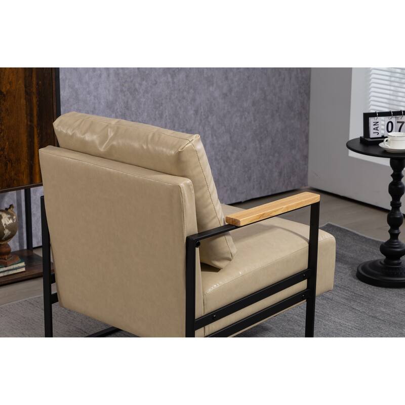 Khaki PU Modern PU Upholstered Accent Chair with Sturdy Metal Frame and Waist Cushion