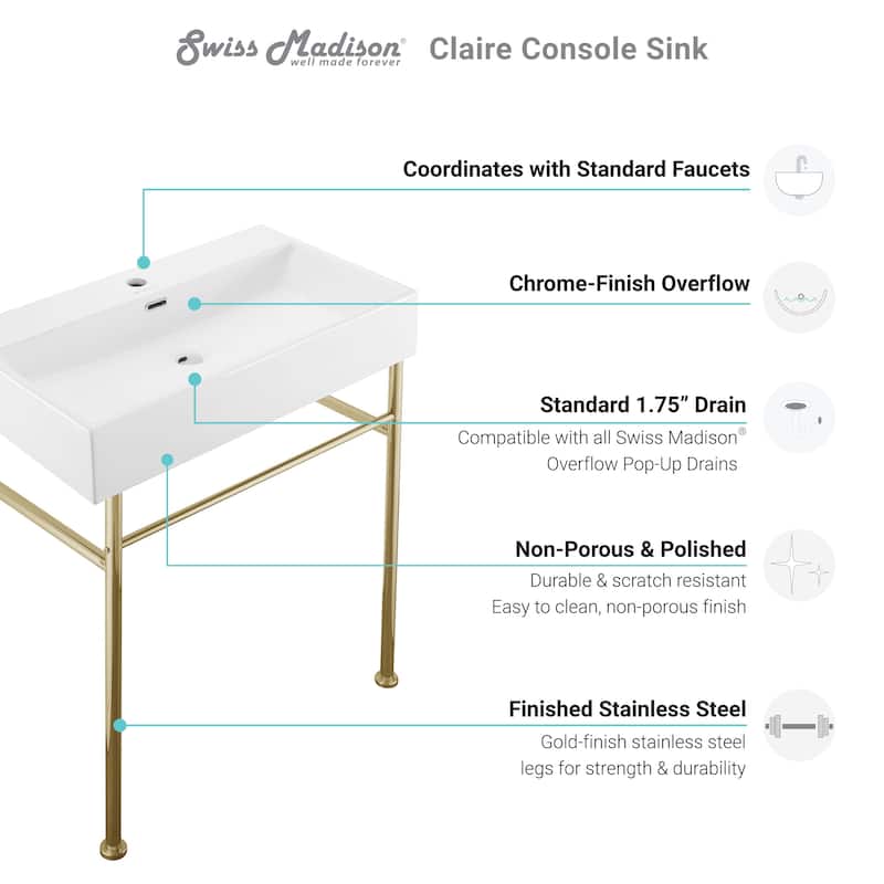 Claire Ceramic Console Sink White Basin Gold Legs
