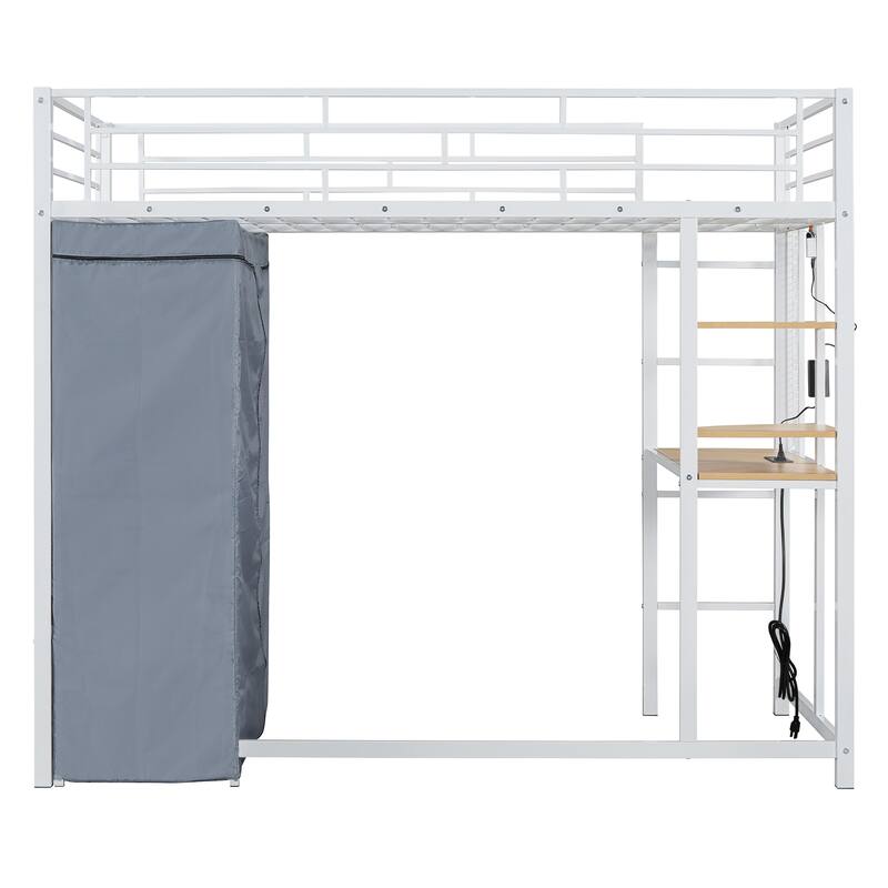 Modern Loft Metal Bed with Built-in Desk, Power Outlet, LED Strip, and Fabric Wardrobe - Twin/Full